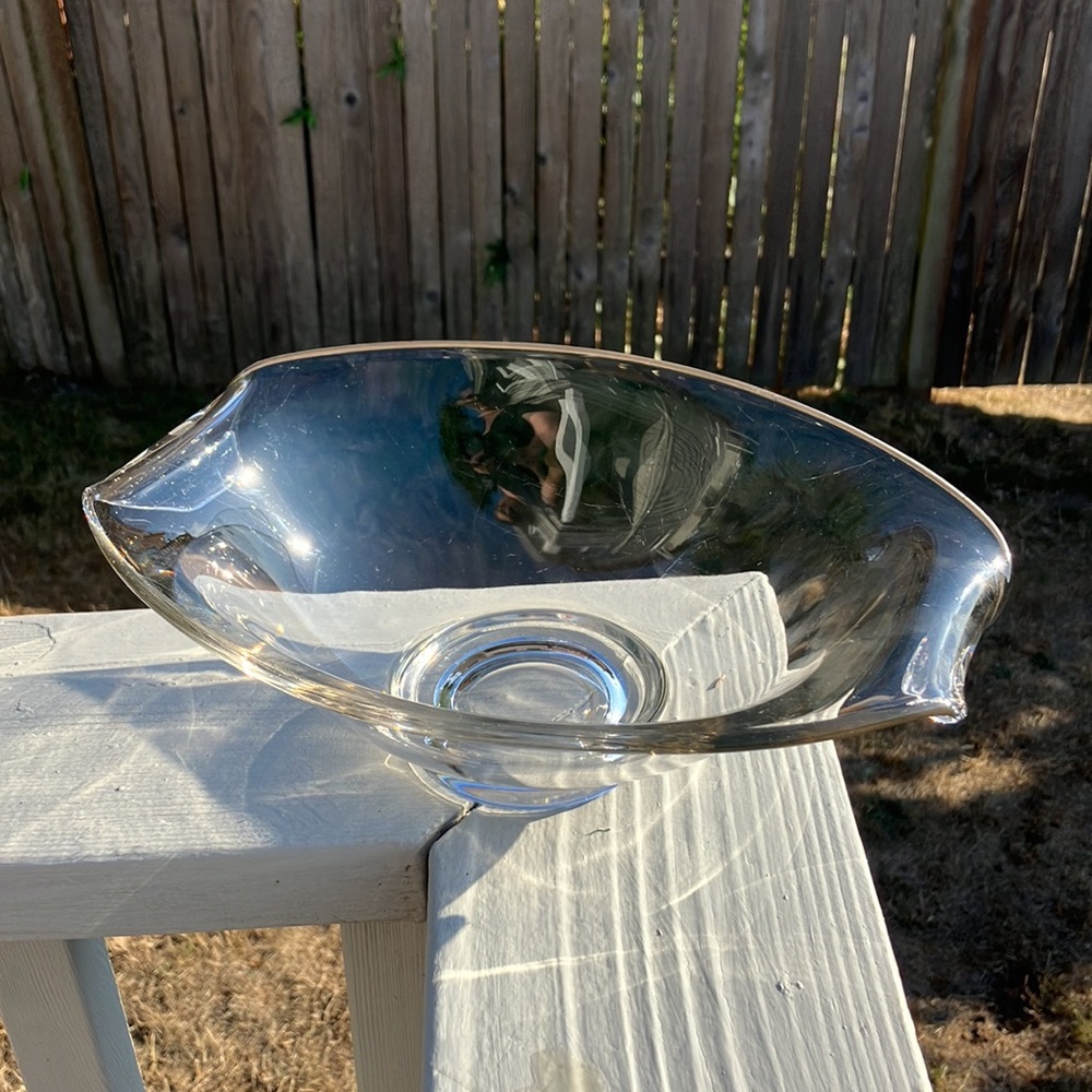 Steuben 1938s Walter Heintz Design 7806 Glass Rolled Scroll Handles Bowl 11x8x4"